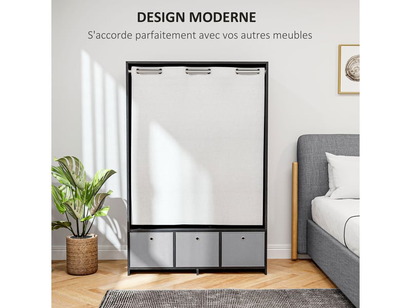  Armoire penderie armoire de rangement avec tringle rideaux 3 niches et 3 tiroirs en tissu amovibles 105 x 48 x 160 cm  - Conforama D
