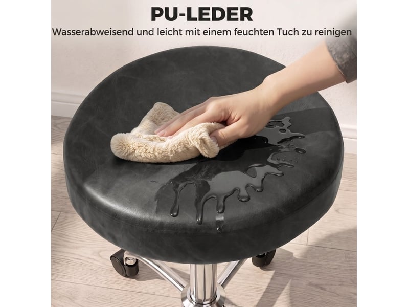  Tabouret de salon à roulettes noir en cuir régénéré, réglable de 52 à 67,5 cm, pivotant à 360° pour espaces compacts  - Conforama E