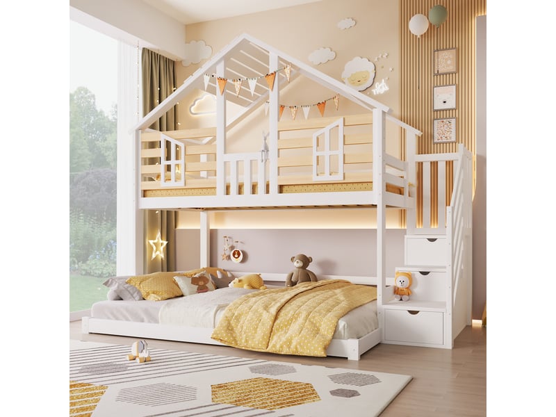 Lit superposé maison 90x200 + 140x200 avec fenêtre et échelle de rangement, lit enfant avec couchages tailles différentes, bois, blanc et naturel OPULERANE TRADING LTD - Conforama E