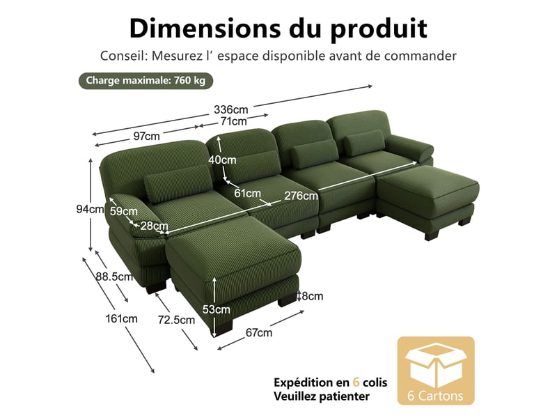 Canapé panoramique modulable 336 cm 4 places avec 2 poufs, design carré épuré, base et accoudoirs à matelassage en canaux, velours côtelé, vert - Conforama D