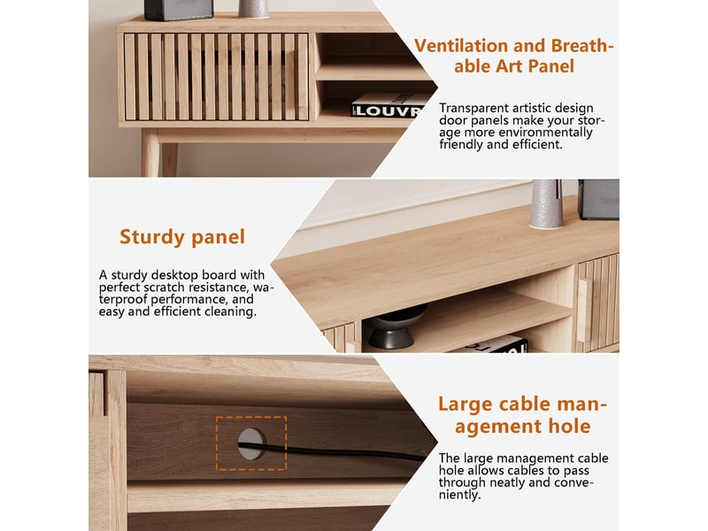  Meuble tv 150 cm, avec cloisons ouvertes et 2 portes de rangementen, scandinave, 5 pieds en bois massif, bois clair  - Conforama W