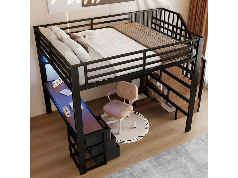  Lit mezzanine 140x200 cm avec bureau led et 4 tiroirs lit enfant avec étagères et échelle en métal et mdf noir BUYDEEMEUS - Conforama C