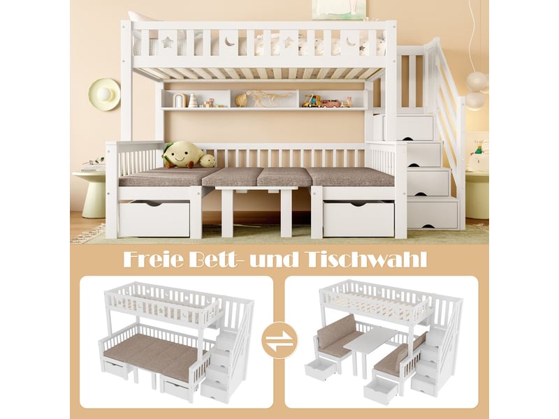  Lit mezzanine 90x200 cm 2 en 1 bureau et escalier rangement - lit simple - décor étoiles lune, pin massif, gain de place blanc  - Conforama D