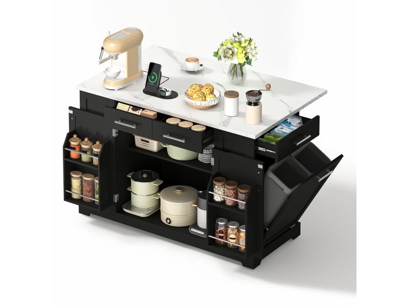 Îlot de cuisine 138 cm avec plateau rabattable et roulettes, mdf noir, effet marbre - Conforama A