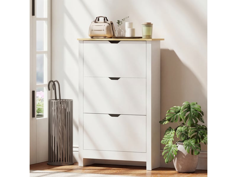 Armoire à chaussures blanche, haute armoire à chaussures avec 3 tiroirs abattants pour 18 paires de chaussures, 72 x 26 x 112 cm, blanche - Conforama C