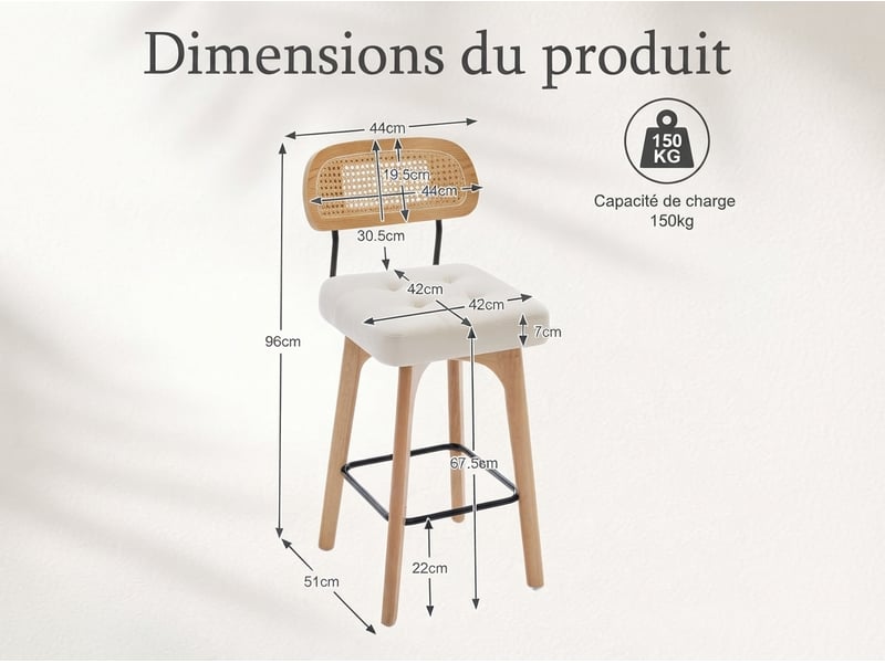 Lot de 2 tabourets de bar pivotants avec dossier effet rotin et assise en chenille beige, piètement bois et métal, design pour îlot central et cuisine - Conforama C