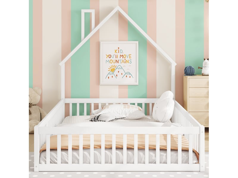  Lit enfant 140x190 cm forme cheminée avec sommier à lattes blanc  - Conforama D