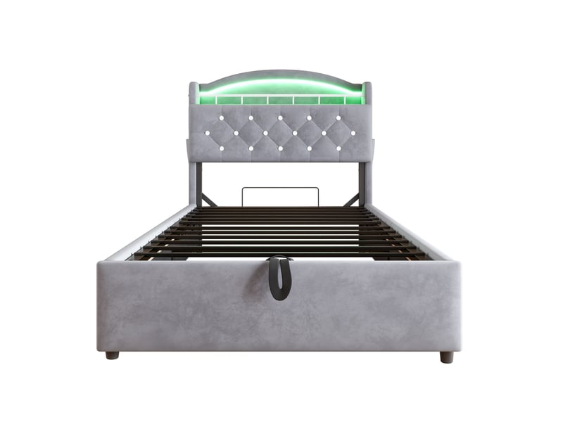  Lit enfant 90x200 cm en velours gris, multifonction avec rangement, led et usb  - Conforama A