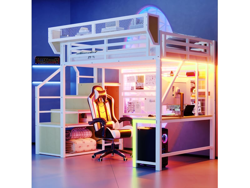 Modenvie lit mezzanine 140x200 cm - avec bureau intégré, étagères de rangement, éclairage led - sans matelas - blanc - Conforama D