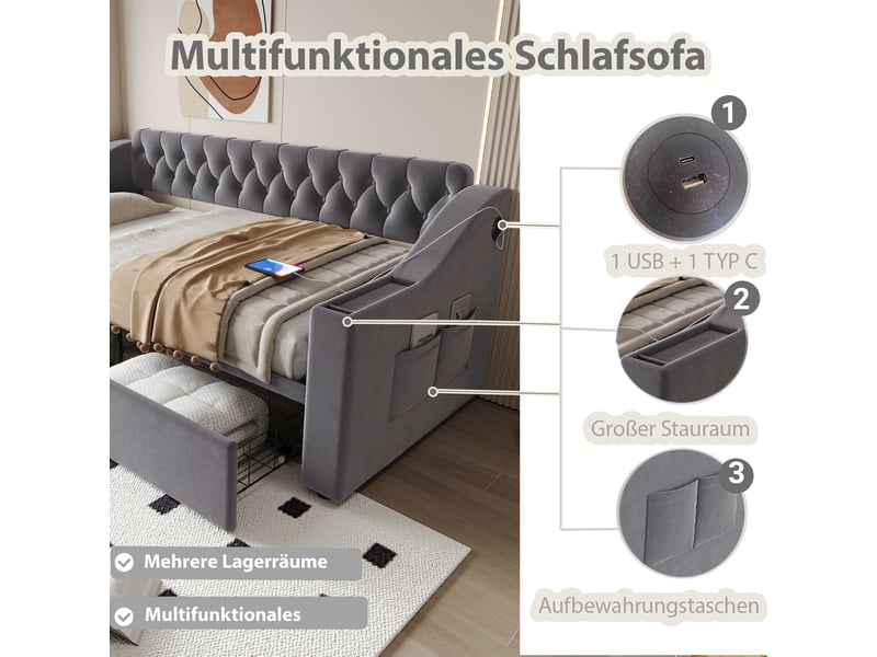  Lit canapé velours gris foncé 90x190 cm avec accoudoirs usb, rangements et tiroirs  - Conforama B