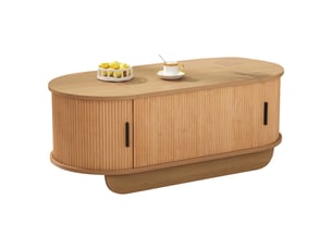 Table basse ovale relevable 100x50x42cm, hauteur réglable jusqu'à 55.5cm, grand rangement à volets et mécanisme hydraulique, effet bois