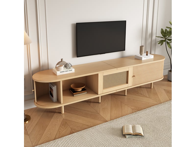  Meuble tv lowboard 180 x 40 x 40 cm bois clair avec portes coulissantes et tiroir  - Conforama D