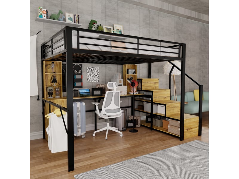  Lit mezzanine 140x200 cm noir en métal avec bureau, rangements et usb, pour optimiser l'espace, sans matelas  - Conforama E