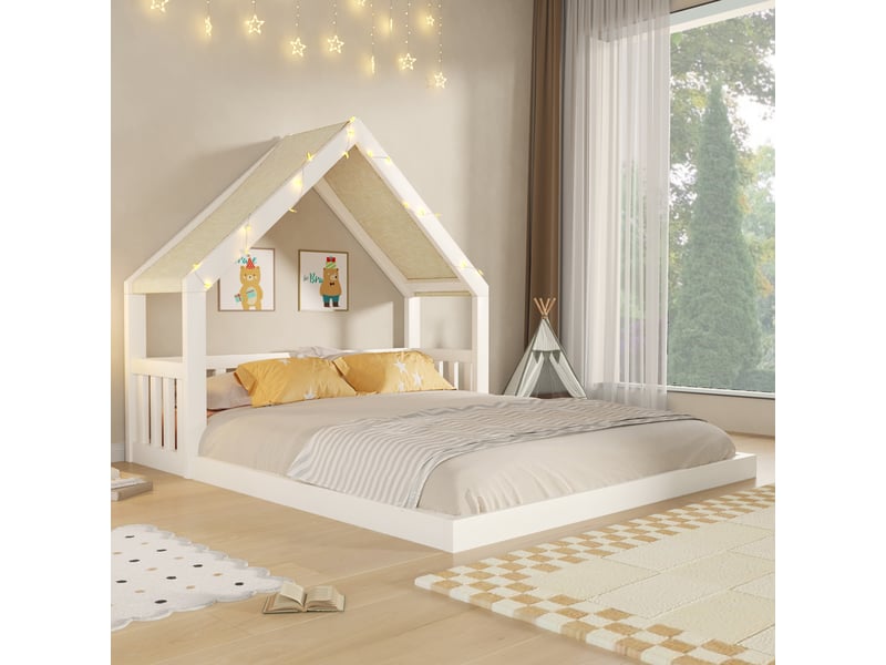 It cabane enfant 140x200 cm en bois, lit maison avec toit en tissu, guirlande lumineuse décorative, espace sommeil cosy pour chambre enfant - blanc - Conforama B