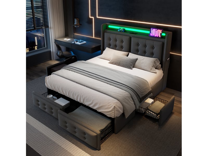  Lit 2 places 180x200 doté de tête de lit led intégré, sans matelas, gris, cadre en bois et métal, usb-c et 4 tiroirs  - Conforama B