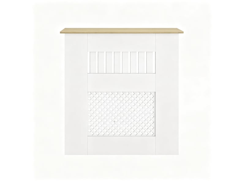  Cache-radiateur blanc 78 x 19 x 81 cm en mdf, plateau effet bois clair et motif ajouré, pour votre intérieur  - Conforama A