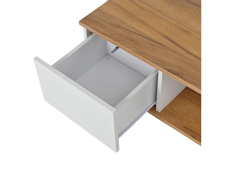  Table basse carrée 70x70 cm avec 3 tiroirs et rangement ouvert, finition brillante, blanc et bois  - Conforama R