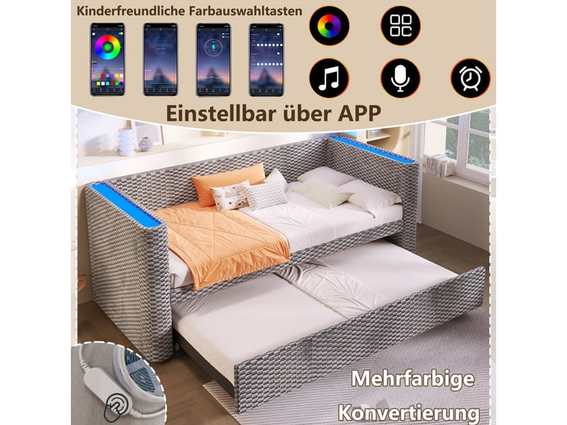  Lit gigogne 90x200 extensible 180x200 canapé lit velours gris avec led  - Conforama D