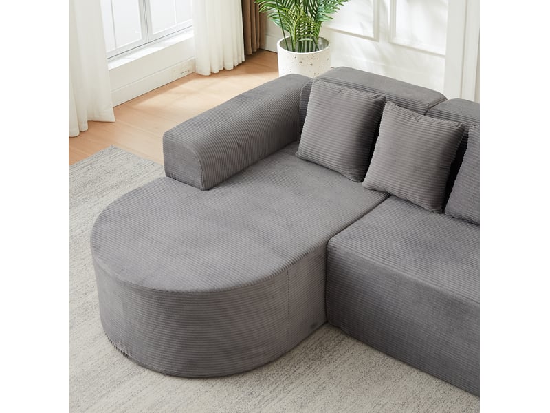 Canapé d'angle 220x155x70 cm gris en velours côtelé, méridienne incurvée et 3 coussins inclus pour salon - Conforama D
