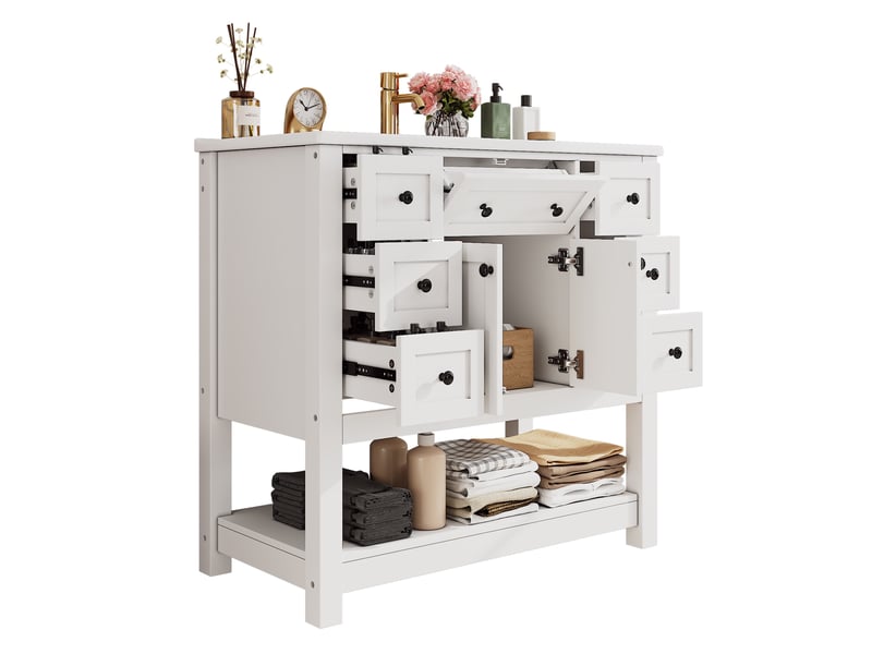  Meuble de salle de bain - 91,5x46x90 cm - meuble sur pied avec vasque céramique, 6 tiroirs, portes et étagère ouverte - blanc  - Conforama A