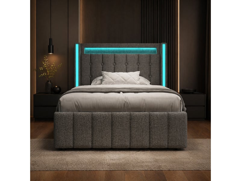 Lit simple 200×90 cm avec matelas, 2 tiroirs, éclairage led et ports usb et usb-c, en lin gris - Conforama B