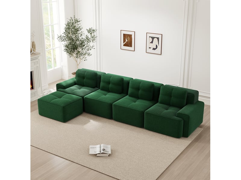  Canapé d'angle modulaire ulevr 4 places avec méridienne, velours côtelé vert, assise profonde 74 cm, 382 x 177 x 69 cm  - Conforama B