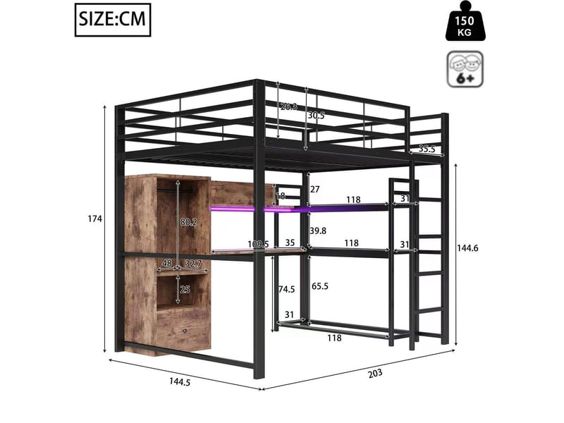 Lit mezzanine 140x200 cm en métal avec bureau, tiroir, rangements et led noir - Conforama C