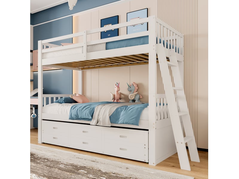  Modenvie lit superposé cabane 90x200 cm - avec lit gigogne et 3 tiroirs, sans matelas - blanc  - Conforama D