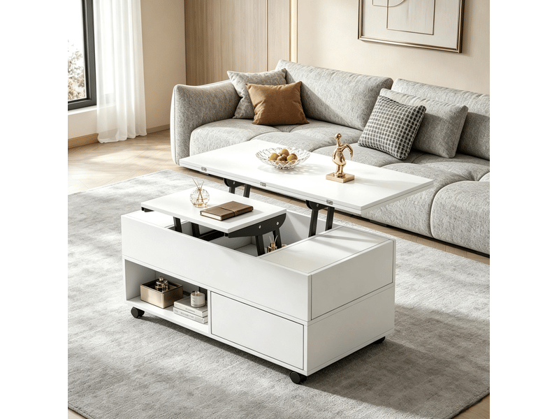  Table basse relevable hydraulique 100x50x52 cm avec 4 tiroirs et roulettes en panneaux de particules blancs  - Conforama C