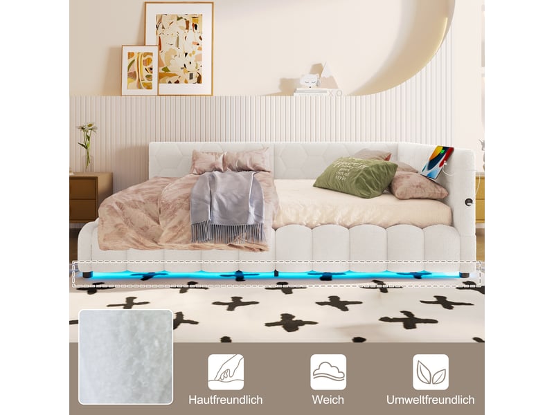  Lit de jour 140x200 canapé lit blanc avec led multicolore et coffre hydraulique  - Conforama E