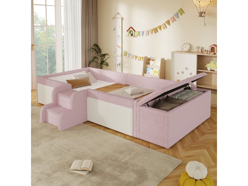  Lit rembourré enfants 90 x 190 cm, petit escalier, banc de lit avec rangement, velours, rose Bliss Lite - Conforama E