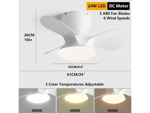 Ventilateur plafond avec lumière led 24w, 6 vitesses, 3 pales abs, télécommande, pour chambre(blanc, 61 cm)