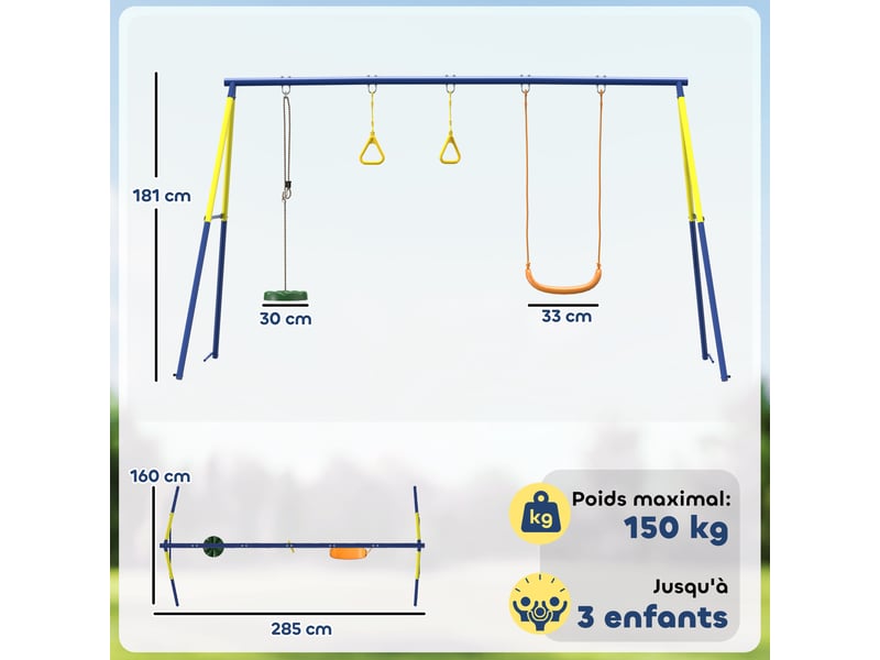  Portique balancoire exterieur enfants 3-en-1, siège de balancelle, 2 anneaux gymnastique et balançoire à disque  - Conforama C