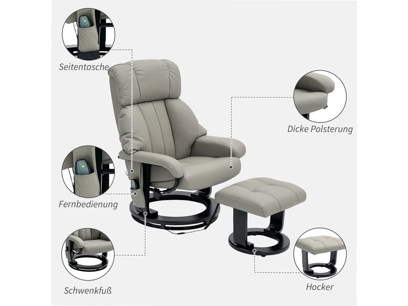 Fauteuil relax massant avec repose-pieds, inclinable électrique, similicuir gris, pivotant à 360° pour salon - Conforama D