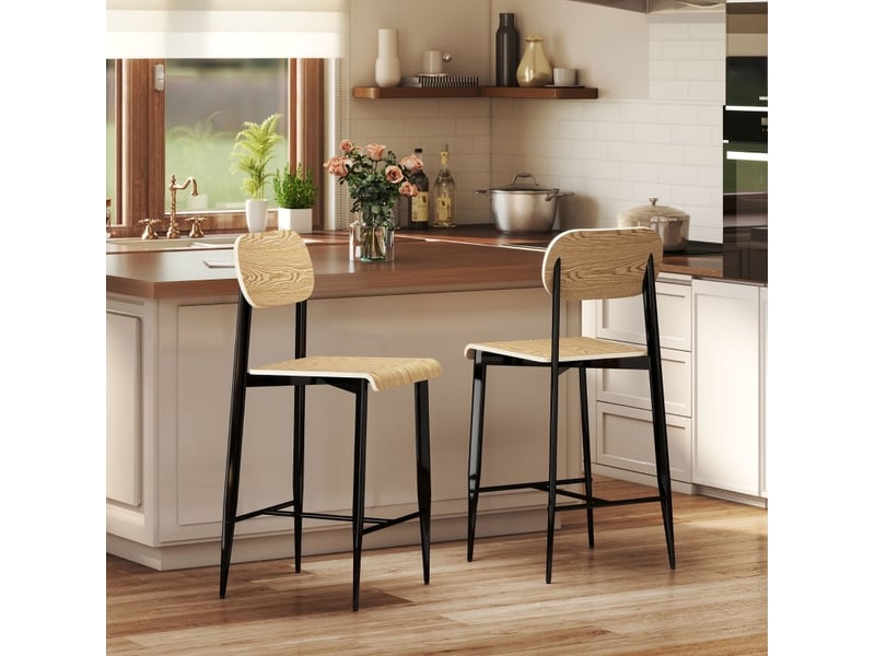  Lot de 2 tabourets de bar 55x43x103 cm avec repose-pieds en métal, bois naturel et noir  - Conforama D