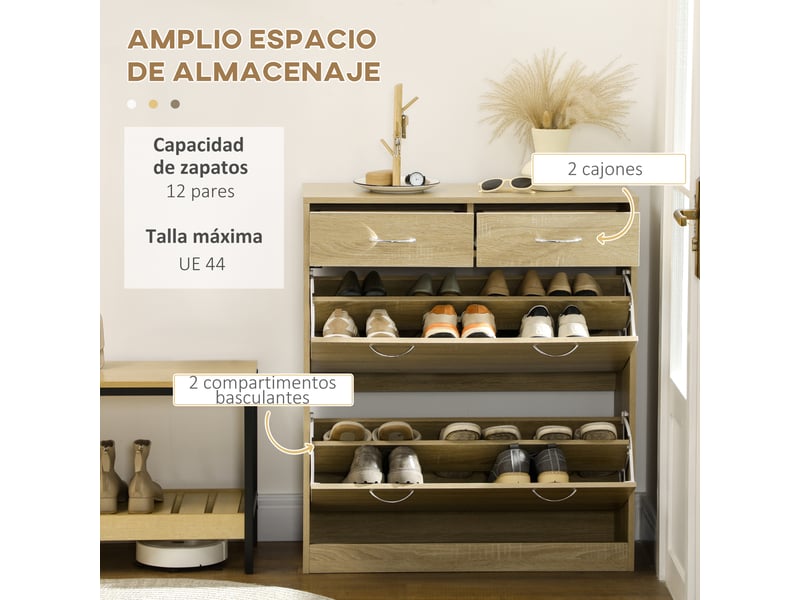  Meuble à chaussures étroit avec 2 tiroirs abattants pour 12 paires de chaussures, 80 x 30 x 91,5 cm, chêne  - Conforama E