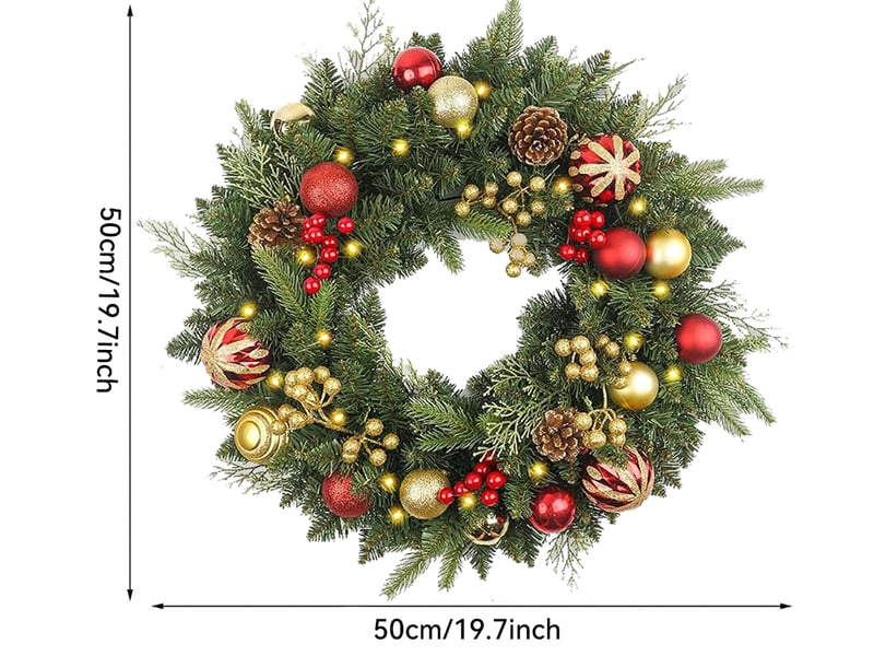Couronne de noël pré-éclairée 50cm pour porte d'entrée – led blanc chaud, boules, aiguilles de pin et baies rouges - Conforama B