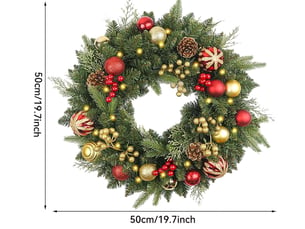 Couronne de noël pré-éclairée 50cm pour porte d'entrée – led blanc chaud, boules, aiguilles de pin et baies rouges