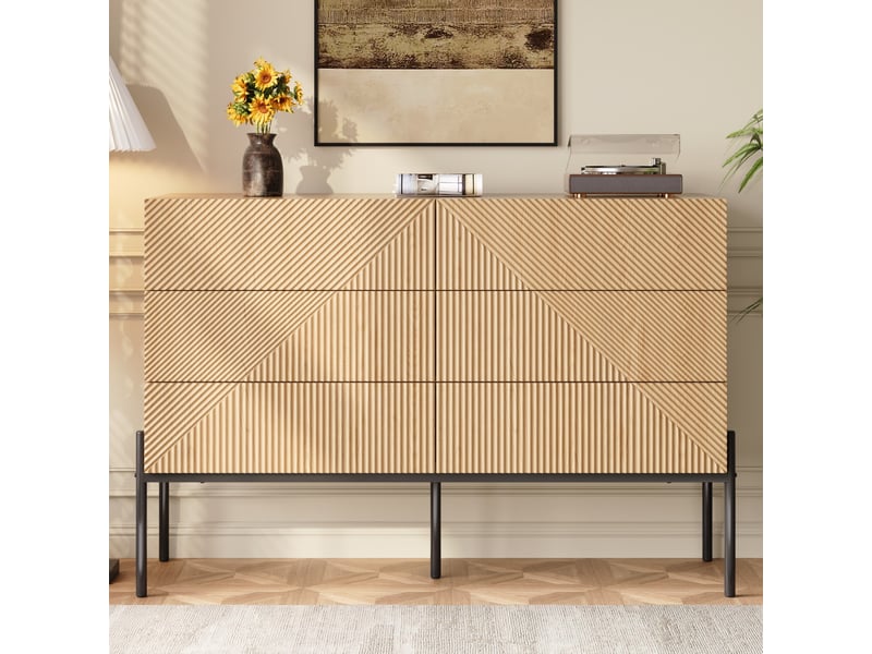  Commode buffet 115,5x38x75 cm, bahut effet bois avec 6 tiroirs, relief géométrique 3d, pieds métal, salon chambre - naturel  - Conforama B