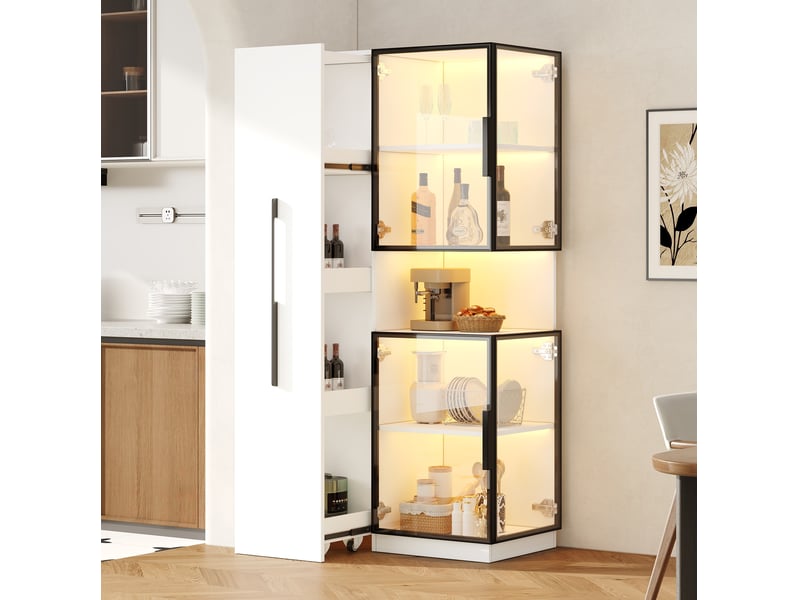  Vitrine avec porte vitrée et étagères latérales coulissantes, led réglables, mdf blanc pour salon 70 × 38 × 160 cm  - Conforama E