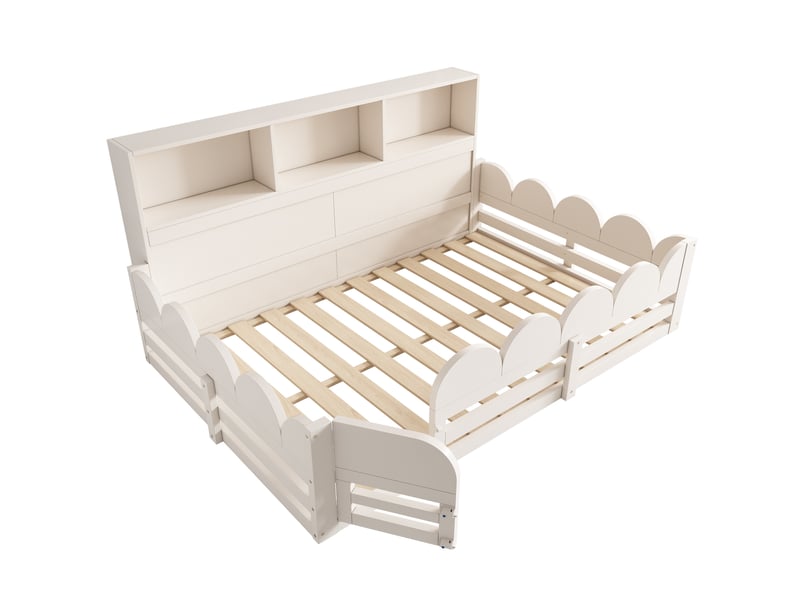  Lit au sol enfant 140x190 cm en bois blanc avec barrière, porte et étagère  - Conforama E