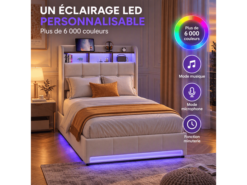  Lit 1 personne 90x200 cm avec éclairage led et 2 tiroirs, lit rembourré avec port usb et type-c, cadre de lit avec rangement et sommier à lattes, lin, beige  - Conforama C