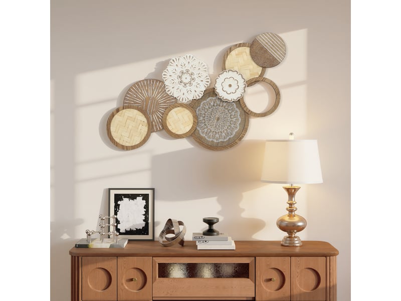 Décoration murale en bois, sculpture murale en bois, design unique à plusieurs disques, bois naturel, 83,8 x 44,5 cm  - Conforama D