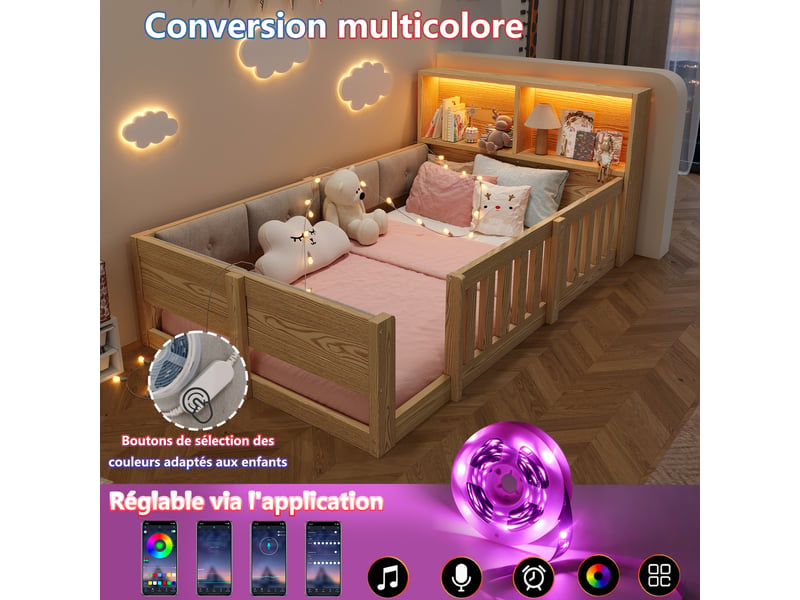  Lit enfant 90x200 cm avec barrières, côtés rembourrés, led, style minimaliste, naturel evarich - Conforama D