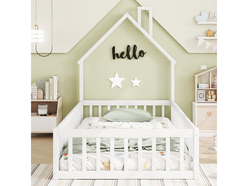 Lit cabane enfant 90 x 200 cm - lit avec sommier à lattes - bois massif - garde-corps sécurité - design cheminée - blanc - Conforama B