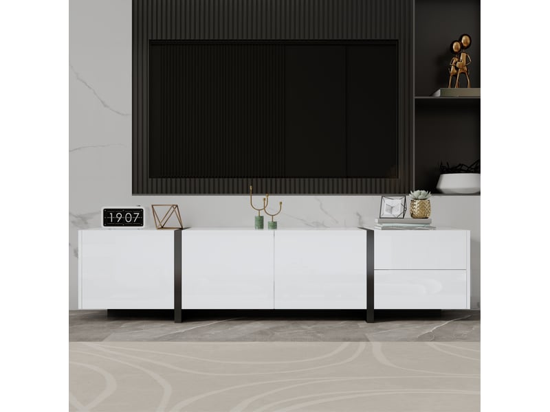  Meuble tv bas 170 x 30 x 39 cm, 3 portes, tiroir, porte rabattable, blanc et noir  - Conforama D