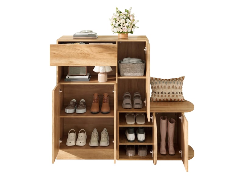 Banc à chaussures oslo nature 130x35x110,5 cm, 5 portes, tiroir & rangement ouvert - Conforama B
