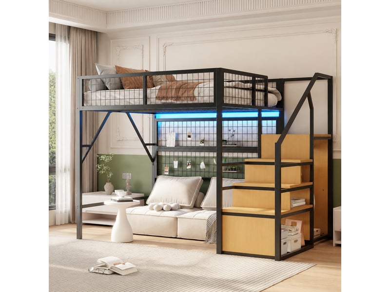  Lit mezzanine 140x200 cm en métal avec bandeau led piloté par application, noir  - Conforama B