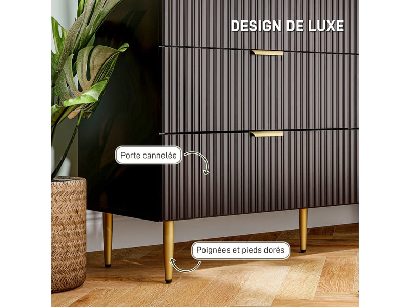  Commode 6 tiroirs commode chambre meuble de rangement moderne avec poignées et pieds dorés, noir, 120 x 40 x 76,5 cm  - Conforama E