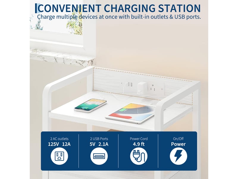  Table d'appoint moderne 3 niveaux, 2 tiroirs tissu, étagère ouverte, structure bois métal, pour chambre, salon ou entrée ，blanc PPG_34FQET6V - Conforama E